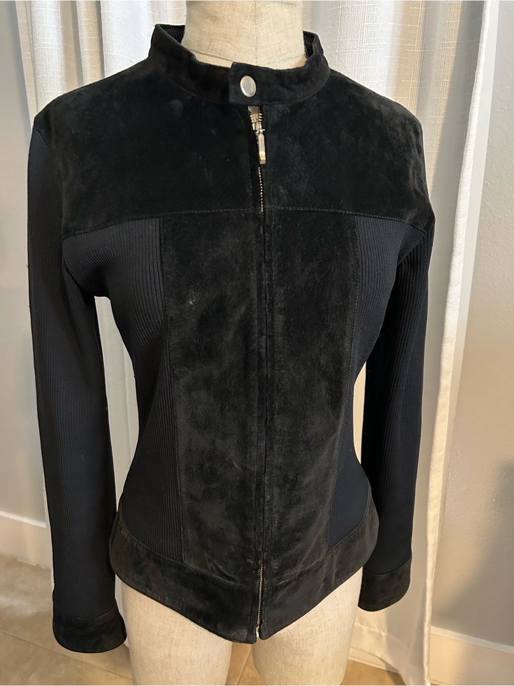 TEHAMA Black Suede & Silk Panel Zip-Front Jacket